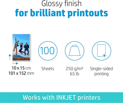 HP Q8692A Advanced Glossy Photo Paper 250gsm 10x15cm Borderless (Pack of 100), White