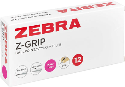Zebra Pen Z Grip Pink Pens Ballpoint, Smooth & Comfortable Ballpoint Pens with Pocket Clip, Retractable Ballpoint Pens with Pink Ink, Reliable Biro Pens Multipack for Everyday Use - Medium Point, 12pk