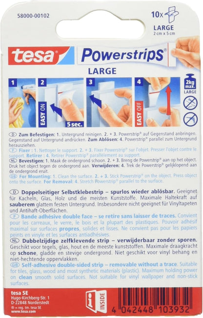 tesa Powerstrips Large, Self-Adhesive Strips - Double-Sided Strips Suitable for Flat and Smooth Surfaces - Holds Objects up to 2 kg - Pack of