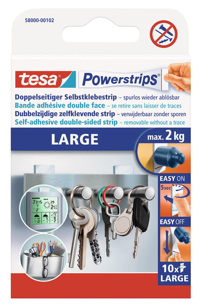 tesa Powerstrips Large, Self-Adhesive Strips - Double-Sided Strips Suitable for Flat and Smooth Surfaces - Holds Objects up to 2 kg - Pack of