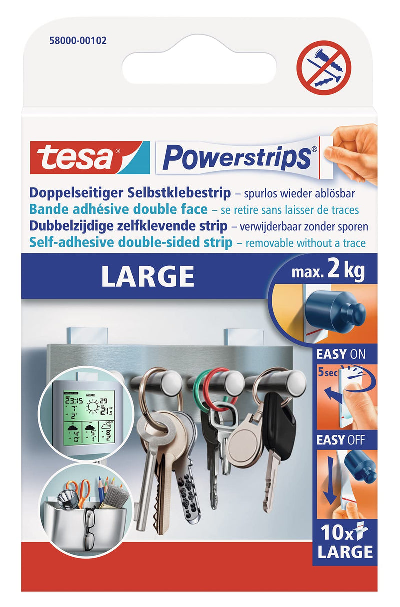 tesa Powerstrips Large, Self-Adhesive Strips - Double-Sided Strips Suitable for Flat and Smooth Surfaces - Holds Objects up to 2 kg - Pack of