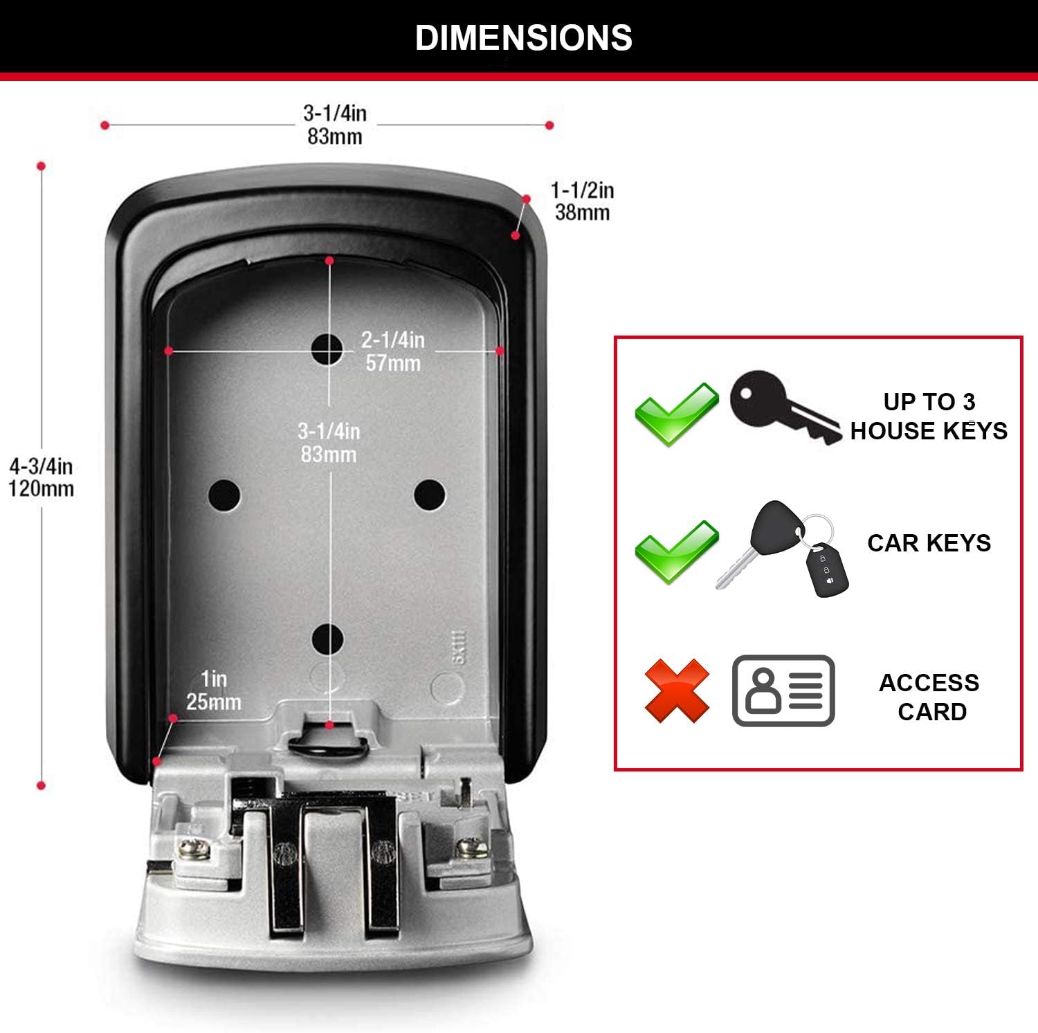 MASTER LOCK Key Safe Wall Mounted, Medium 85 x 119 x 36 mm, Outdoor, Mounting Kit, for Home Office Industries Vehicles