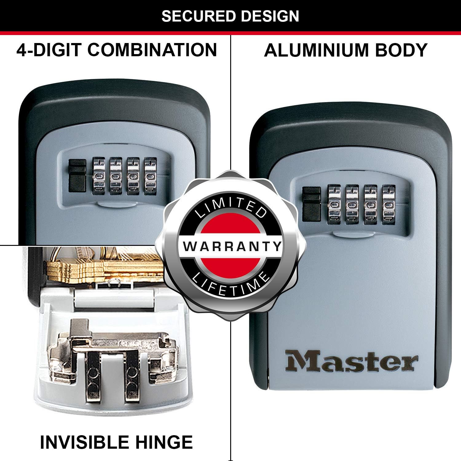 MASTER LOCK Key Safe Wall Mounted, Medium 85 x 119 x 36 mm, Outdoor, Mounting Kit, for Home Office Industries Vehicles