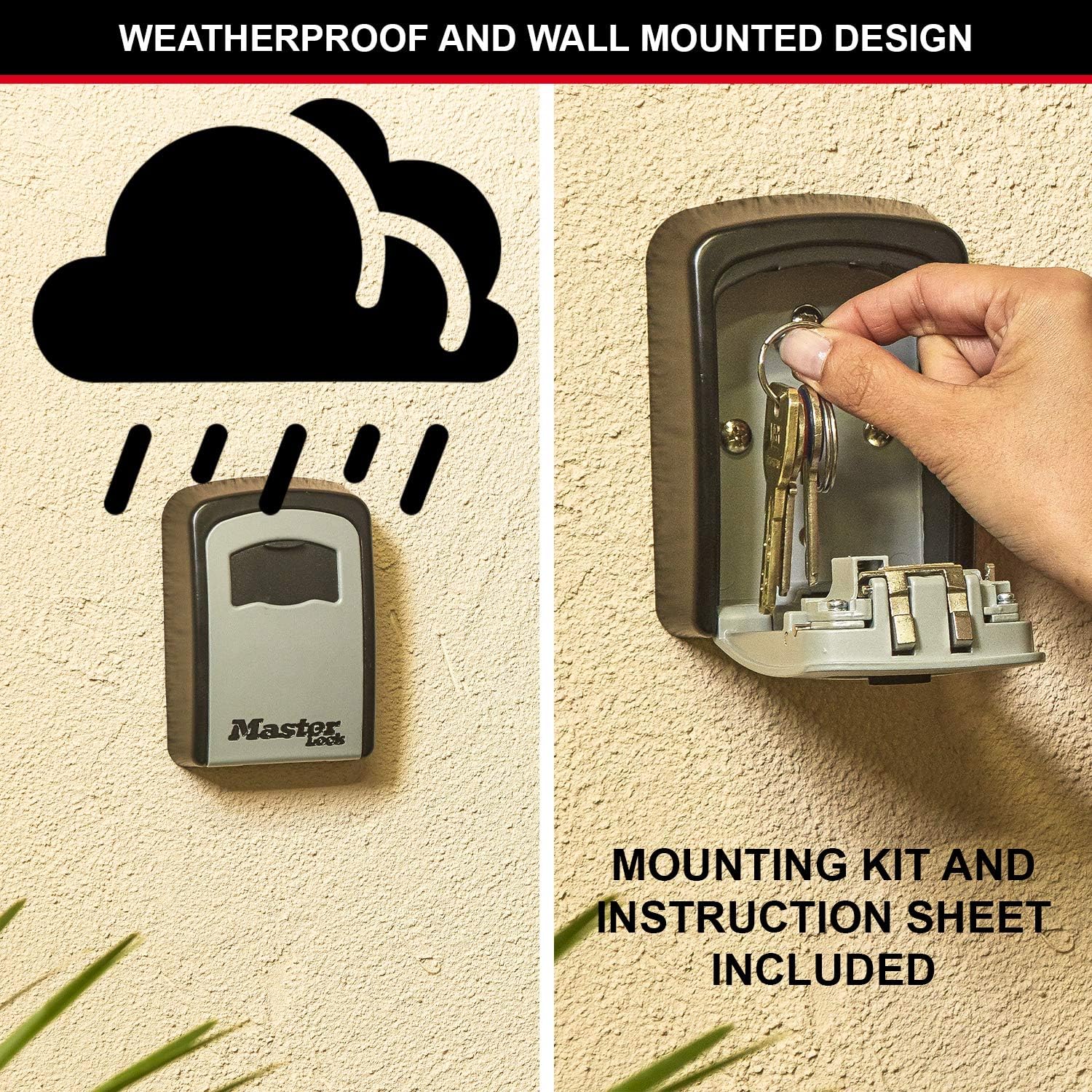 MASTER LOCK Key Safe Wall Mounted, Medium 85 x 119 x 36 mm, Outdoor, Mounting Kit, for Home Office Industries Vehicles