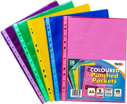 Tiger A4 50 Coloured Plastic Wallets Clear Strong Punched Ring Binder File Pockets,Blue/Green/Multicolour/Pink/Purple/Yellow,Medium