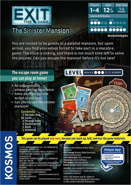 Thames & Kosmos - Exit: The Sinister Mansion - Level: 3/5 - Unique Escape Room Game - 1-4 Players - Puzzle Solving Strategy Board Games for Adults & Kids, Ages 12+ - 694036