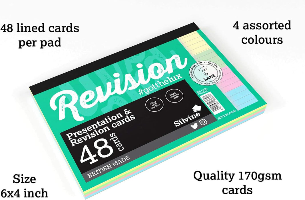 Luxpad A6 Gluebound Revision & Presentation Cards - Assorted Colours. 48 Lined Cards Per Pad (6x4"