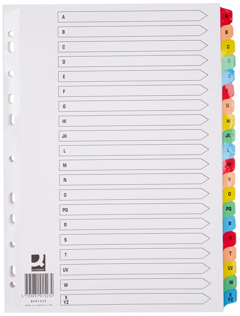 Q-Connect Multi-Punched A-Z 20-Part Reinforced Multi-Colour A4 Index Pre-Printed Tabs