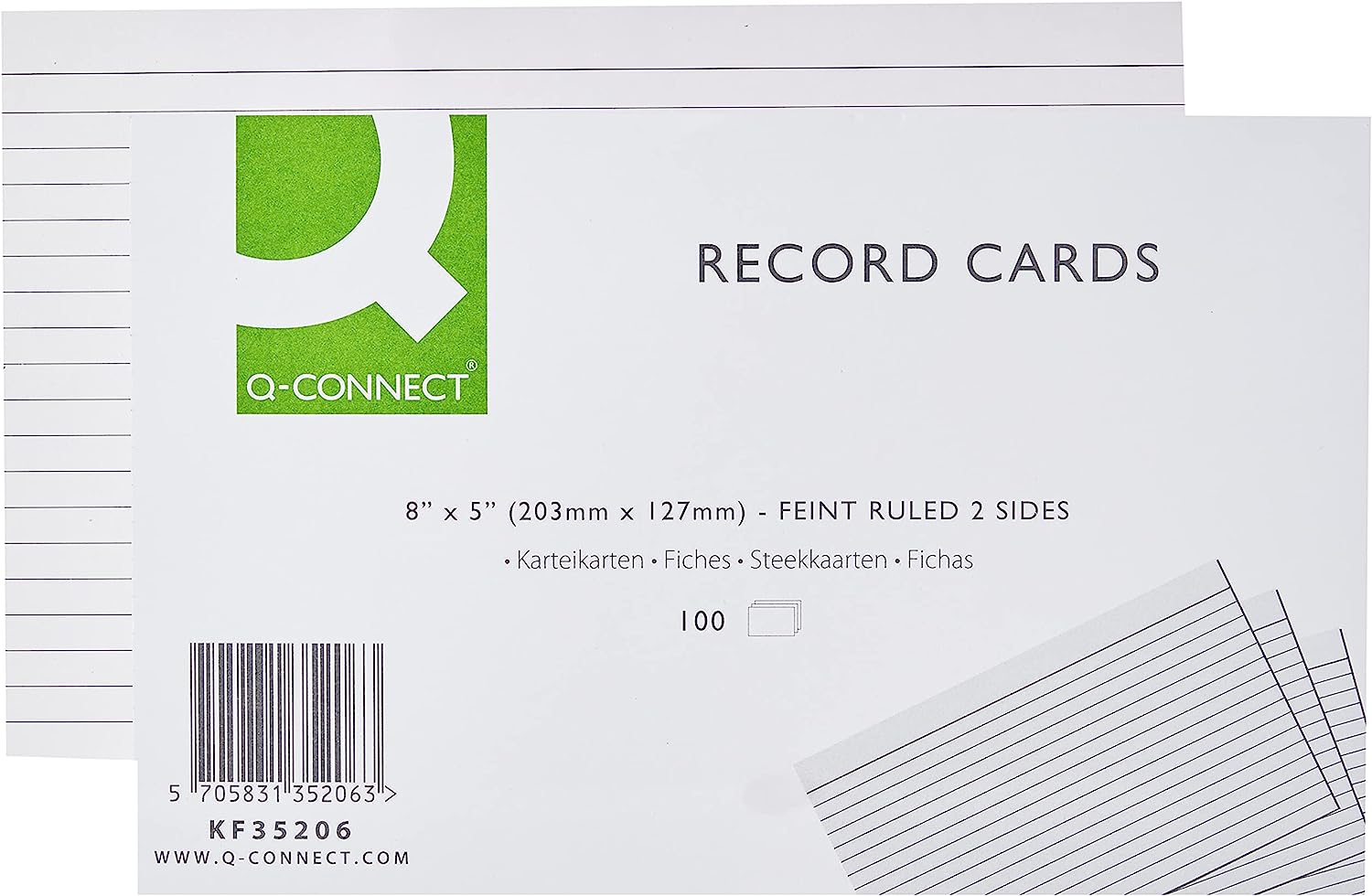 Q-Connect Record Card 203x127mm Ruled Feint White (100 sheet pack) Single