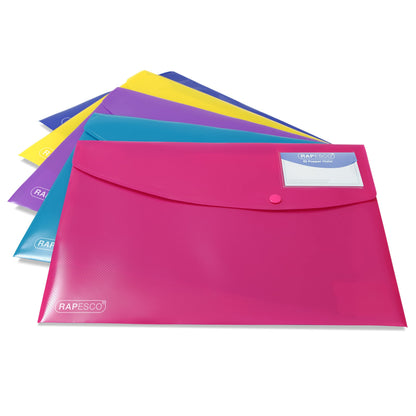 Rapesco 0701 ID Popper Wallet, A4+, Bright Solid Colours, Pack of 5