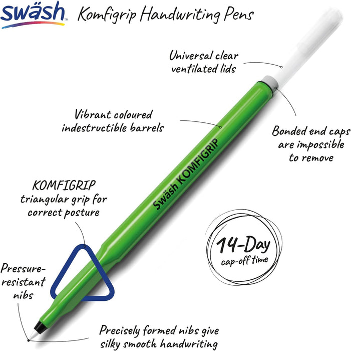 Swash THW12BK Komfigrip Handwriting Pens, Triangular Grip Handwriting Pen For Added Control, Premium Manuscript, Washable Ink Hand Writing Pens, Vibrant & Durable Fibre Tip - Black 12PK