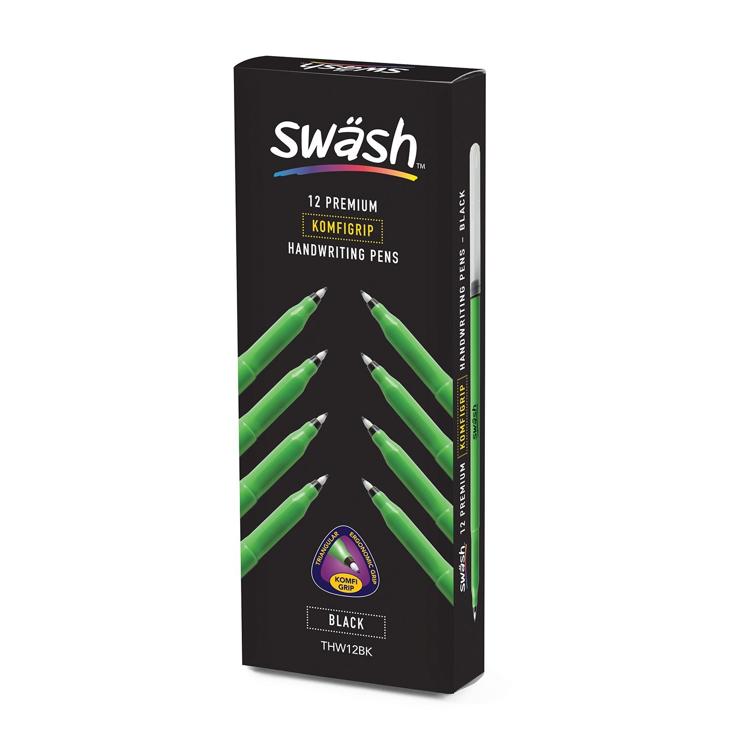 Swash THW12BK Komfigrip Handwriting Pens, Triangular Grip Handwriting Pen For Added Control, Premium Manuscript, Washable Ink Hand Writing Pens, Vibrant & Durable Fibre Tip - Black 12PK