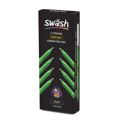 Swash THW12BK Komfigrip Handwriting Pens, Triangular Grip Handwriting Pen For Added Control, Premium Manuscript, Washable Ink Hand Writing Pens, Vibrant & Durable Fibre Tip - Black 12PK
