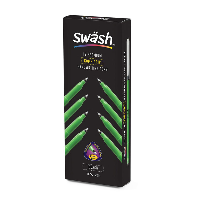 Swash THW12BK Komfigrip Handwriting Pens, Triangular Grip Handwriting Pen For Added Control, Premium Manuscript, Washable Ink Hand Writing Pens, Vibrant & Durable Fibre Tip - Black 12PK