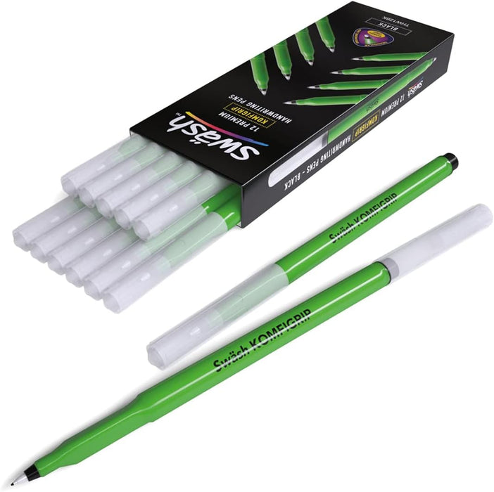 Swash THW12BK Komfigrip Handwriting Pens, Triangular Grip Handwriting Pen For Added Control, Premium Manuscript, Washable Ink Hand Writing Pens, Vibrant & Durable Fibre Tip - Black 12PK
