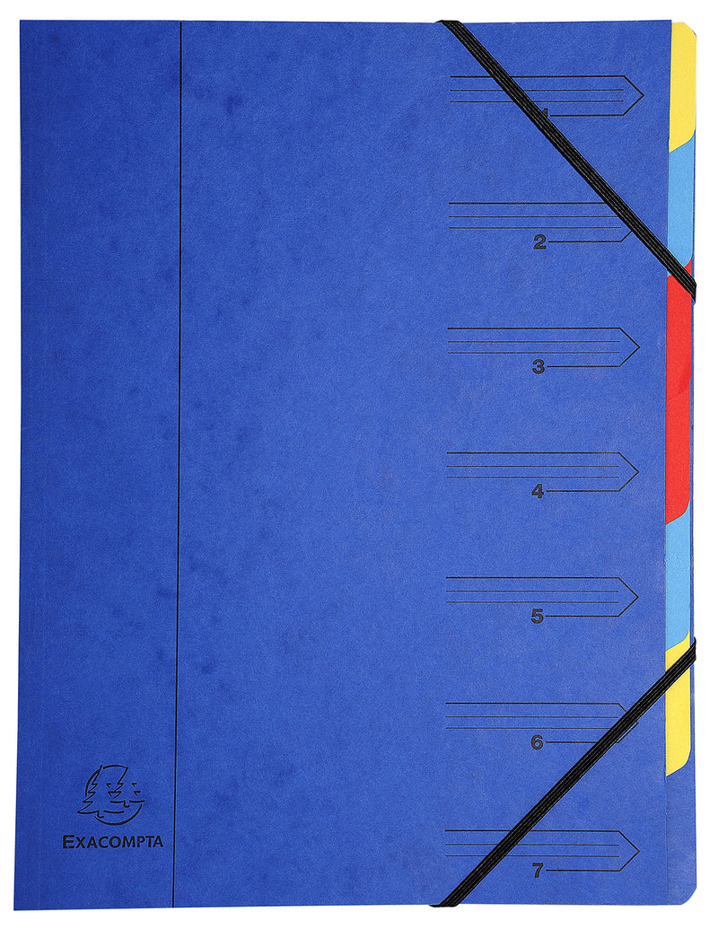 Exacompta - Ref 54072E - Stapled Spine Multipart File - 245 x 320mm in Size, Suitable for Storing A4 Documents - 7 Tabbed Sections - Blue Cover with Multicoloured Tabs
