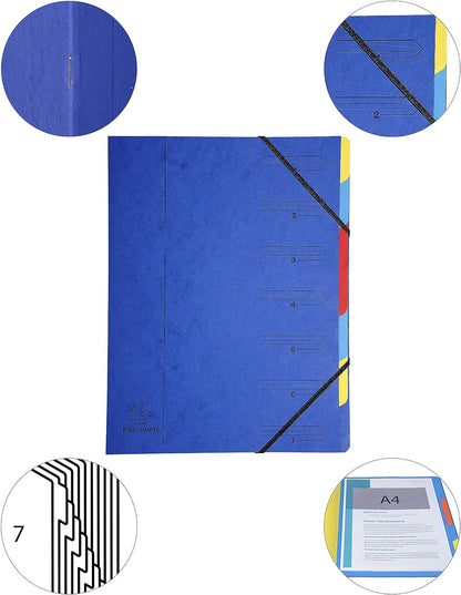 Exacompta - Ref 54072E - Stapled Spine Multipart File - 245 x 320mm in Size, Suitable for Storing A4 Documents - 7 Tabbed Sections - Blue Cover with Multicoloured Tabs