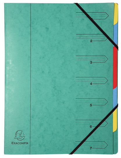 Exacompta - Ref 54073E - Stapled Spine Multipart File - 245 x 320mm in Size, Suitable for Storing A4 Documents - 7 Tabbed Sections - Green Cover with Multicoloured Tabs