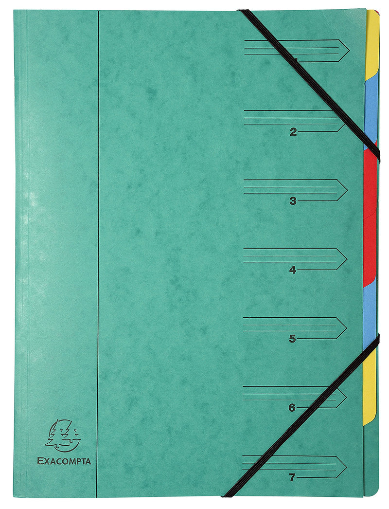 Exacompta - Ref 54073E - Stapled Spine Multipart File - 245 x 320mm in Size, Suitable for Storing A4 Documents - 7 Tabbed Sections - Green Cover with Multicoloured Tabs