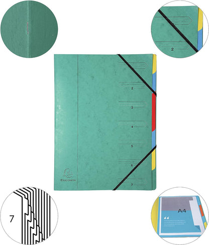Exacompta - Ref 54073E - Stapled Spine Multipart File - 245 x 320mm in Size, Suitable for Storing A4 Documents - 7 Tabbed Sections - Green Cover with Multicoloured Tabs