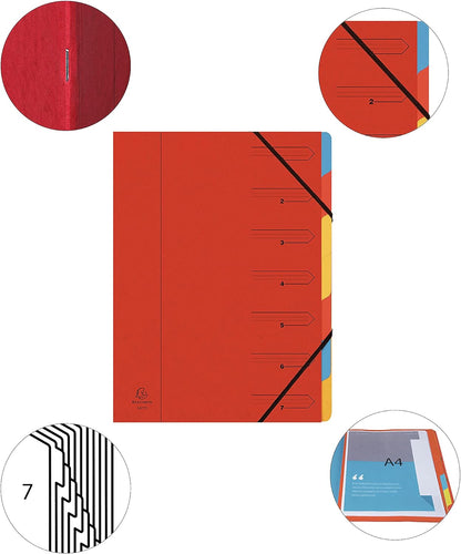 Exacompta - Ref 54075E - Stapled Spine Multipart File - 245 x 320mm in Size, Suitable for Storing A4 Documents - 7 Tabbed Sections - Red Cover with Multicoloured Tabs