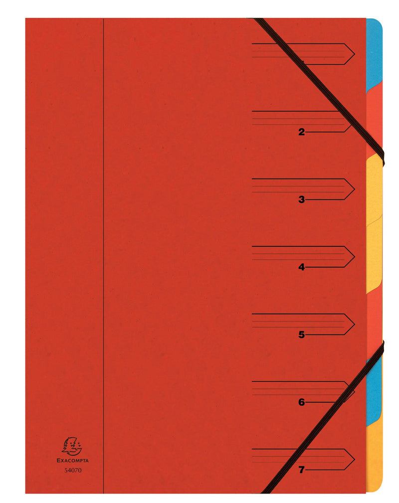Exacompta - Ref 54075E - Stapled Spine Multipart File - 245 x 320mm in Size, Suitable for Storing A4 Documents - 7 Tabbed Sections - Red Cover with Multicoloured Tabs