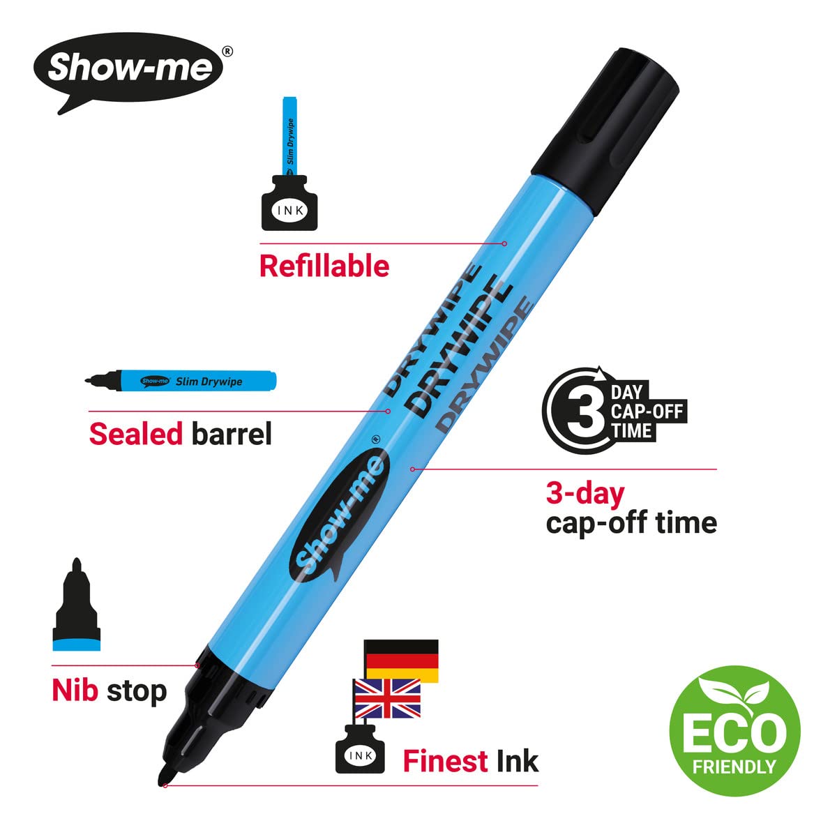 Show Me Whiteboard Pens, Marker Pens For Whiteboard, Long-Lasting Whiteboard Markers With Easy-Fit Lids, Comfortable & Safe Dry Wipe Markers With Anti-Splay Nibs - Fine, 10PK (Pack of 2)