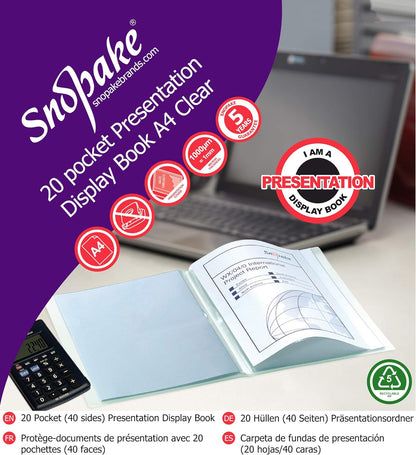 Snopake A4 Presentation Display Book 20 Pockets – Clear  Ref: 11951 Clear A4 - 20 Pocket