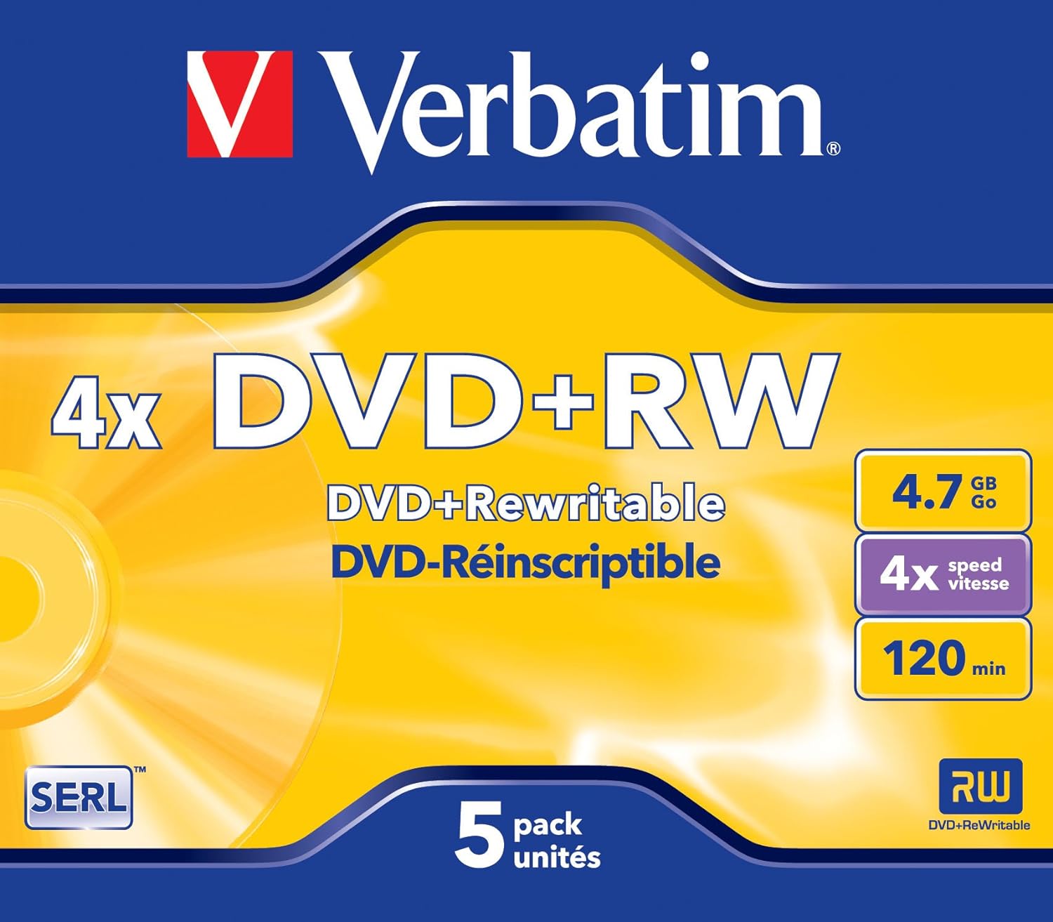 Verbatim 43229 DVD+RW 4x Disc in Non Print Jewel Case (Pack of 5
