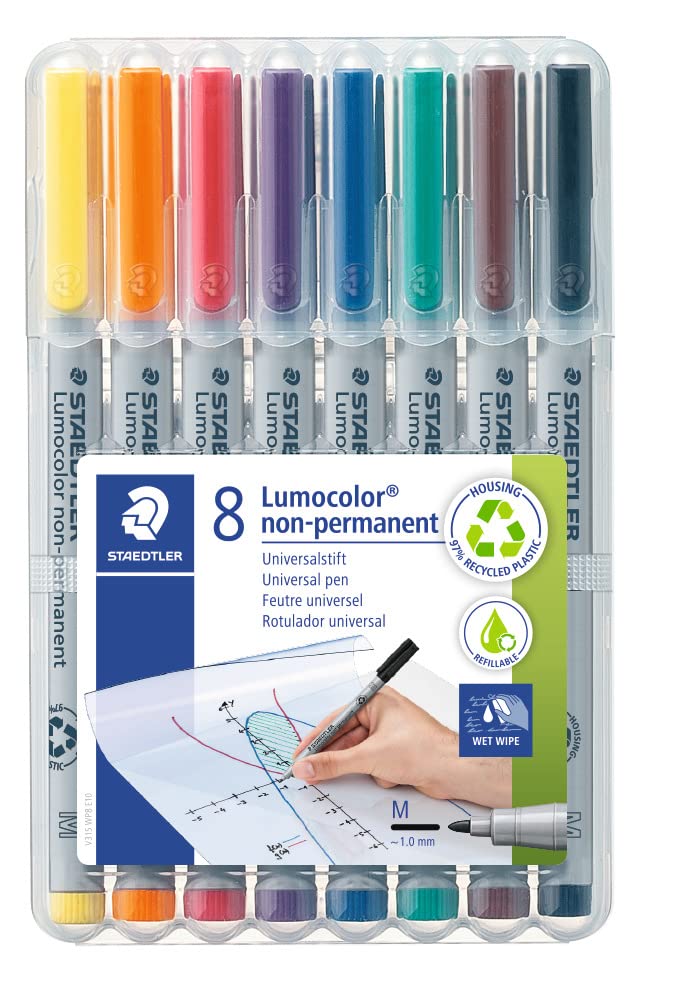 STAEDTLER 315 WP8 Lumocolor Non-Permanent Pen, Medium Line Width, 1.0mm - Assorted Colours (Pack of 8