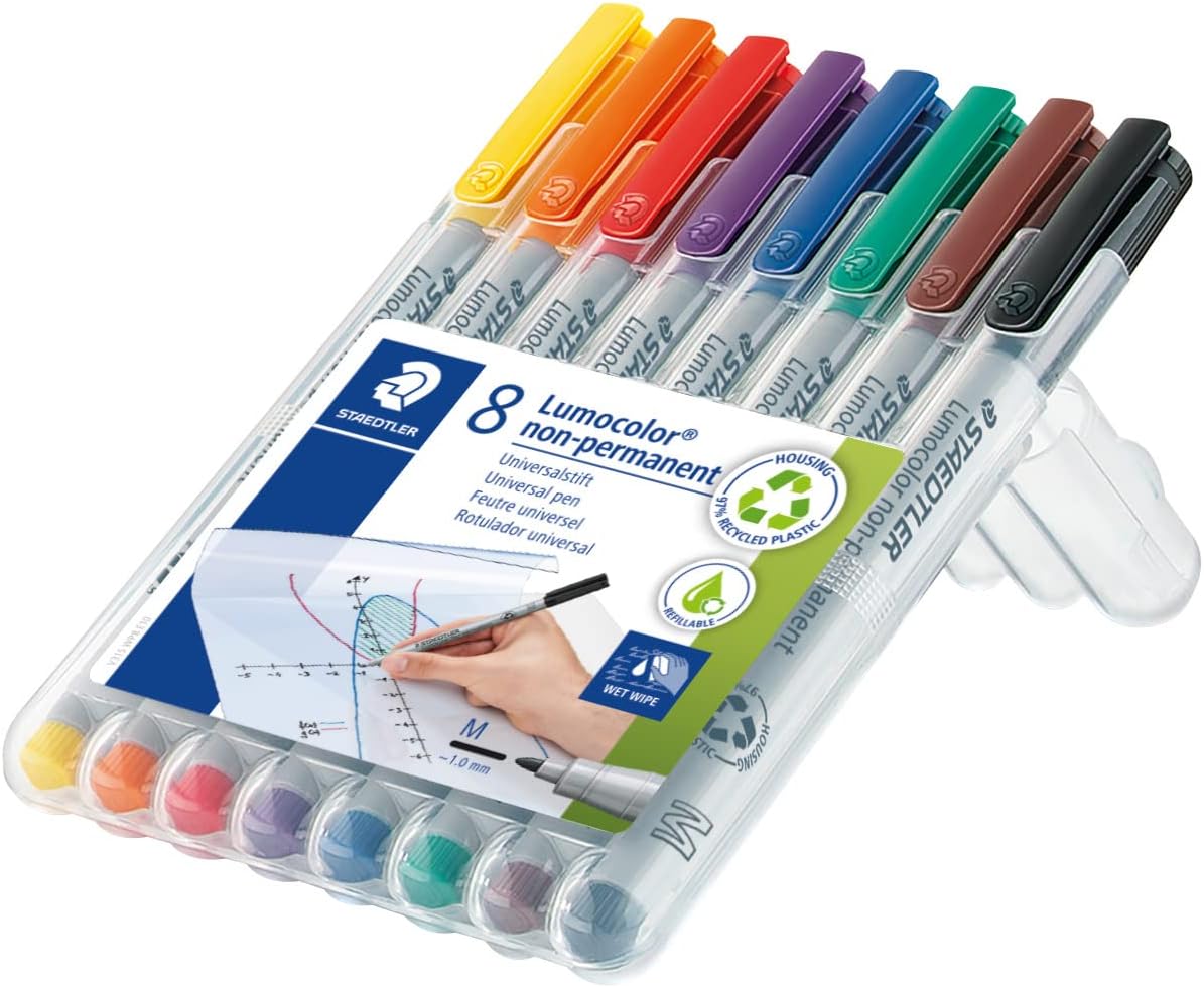 STAEDTLER 315 WP8 Lumocolor Non-Permanent Pen, Medium Line Width, 1.0mm - Assorted Colours (Pack of 8