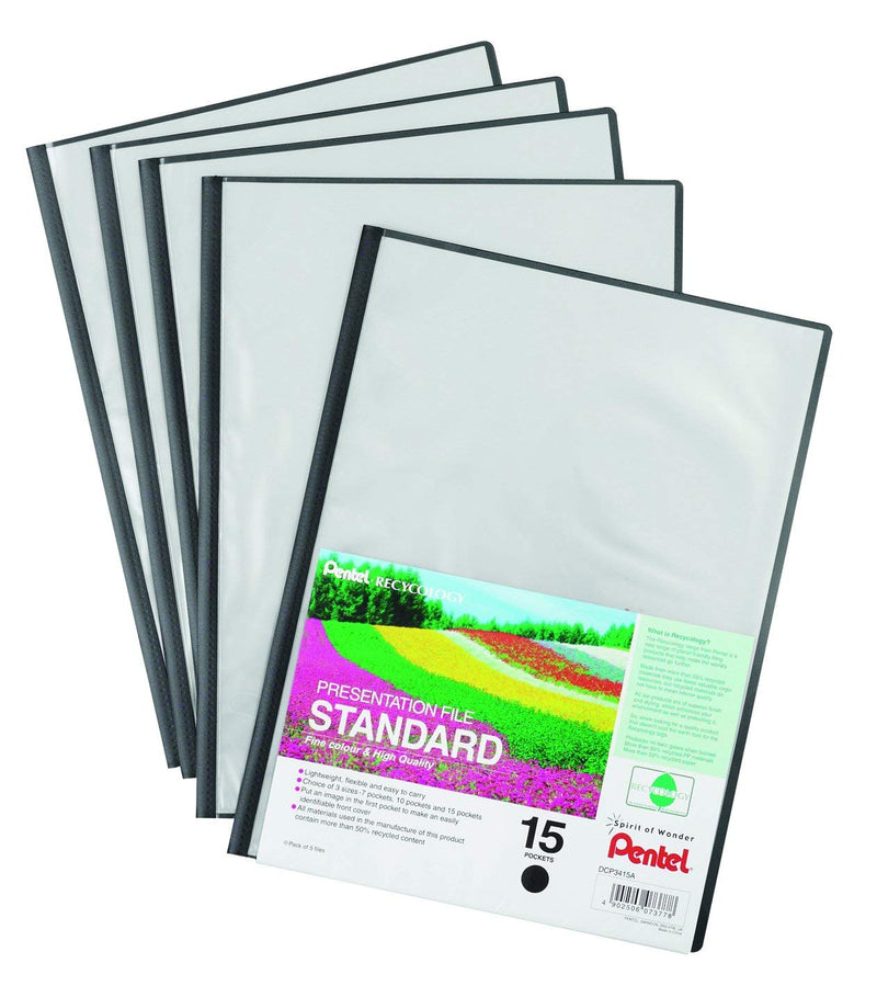 Pentel Presentation File A4, Black, 1 Pack of 5 Files