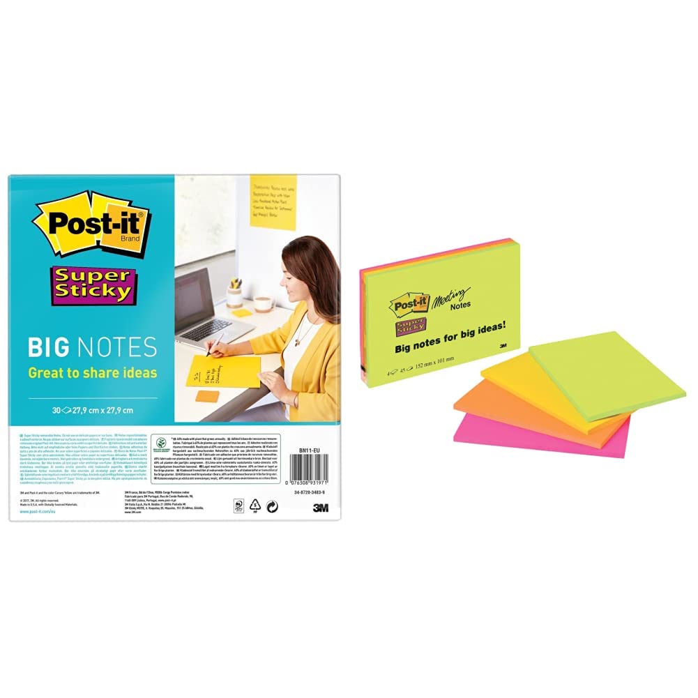Post-it Super Sticky Big Notes, Pack of 1 Pad, with 30 Sheets ,279 mm x 279 mm, Yellow - Large Extra Sticky Notes For Note Taking, To Do Lists & Reminders