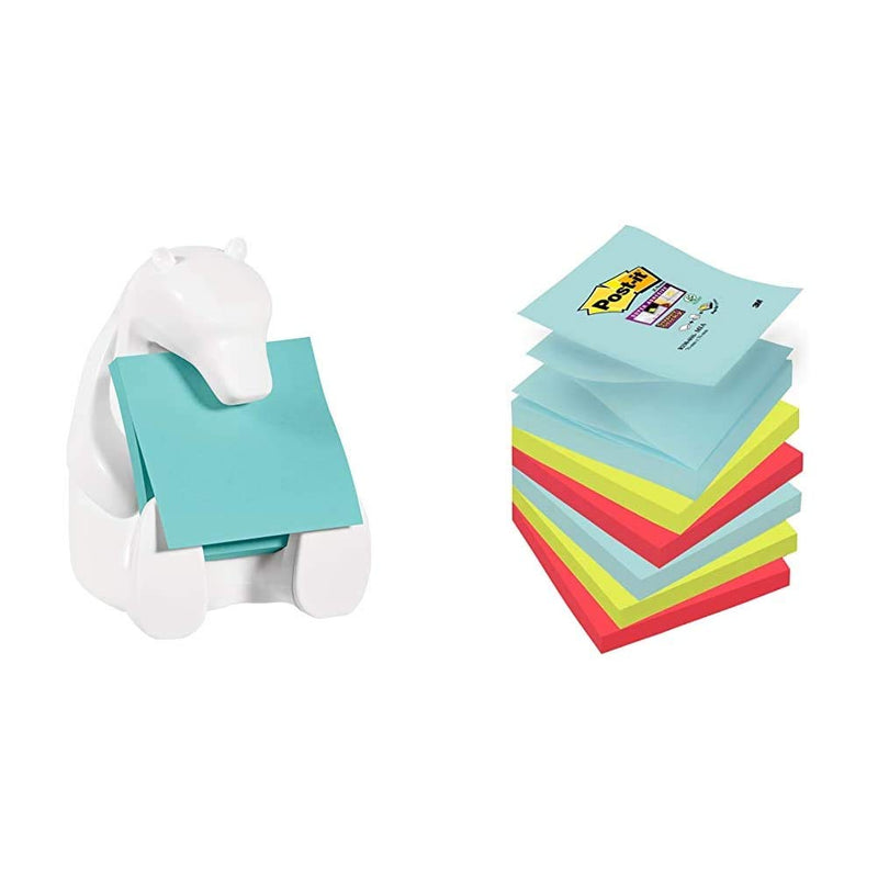 Post it Notes Super Sticky Notes Dispenser, Polar Bear Design+Post-it R3306MIA 76 x 76 mm Super Sticky Z-Note - Aqua Wave/Neon Green/Neon Pink