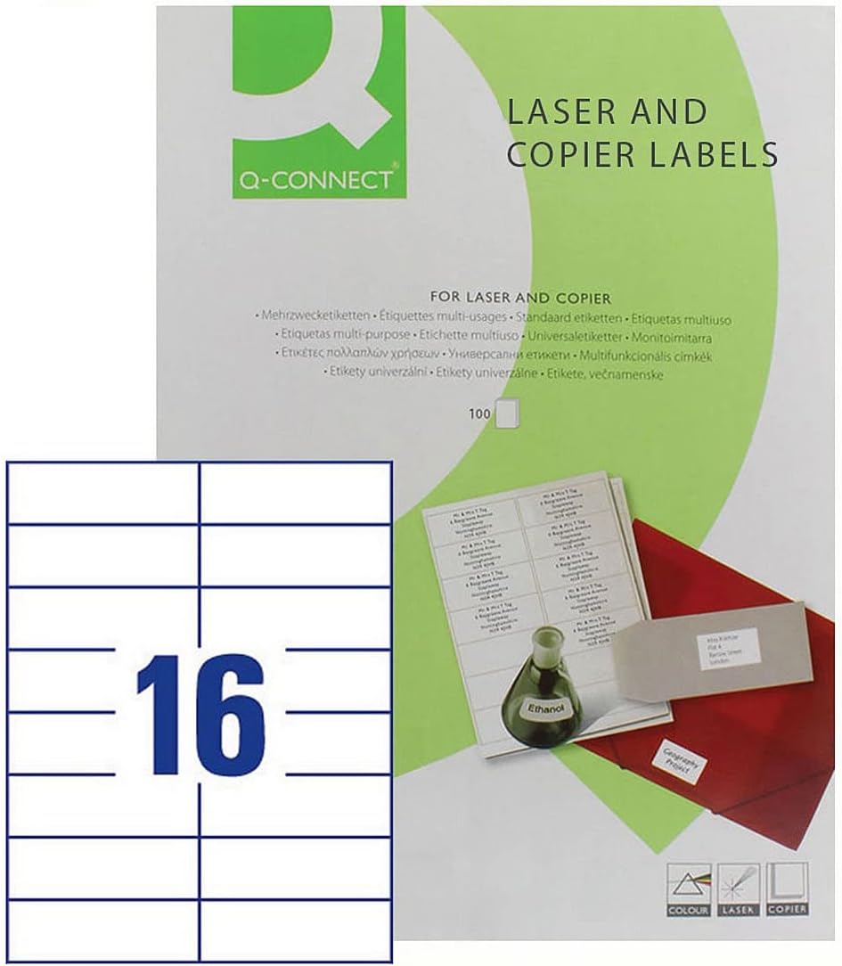 Q-Connect Multipurpose Copier Labels 105x37mm 16 Per Sheet White (1600 Pack) KF01132