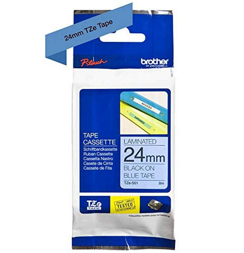 Brother TZe-551 Labelling Tape Cassette, Laminated, Brother Genuine Supplies - Black on Blue, 24 mm (W) x 8 m (L
