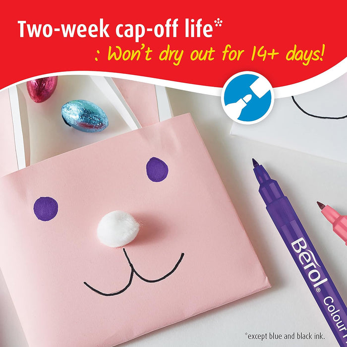 Berol Felt Tip Colouring Pens | Fine Point (0.6mm) | Assorted Colours with Washable Ink | Tub of 42 Markers