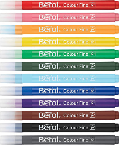 Berol Felt Tip Colouring Pens | Fine Point (0.6mm) | Assorted Colours with Washable Ink | Tub of 42 Markers