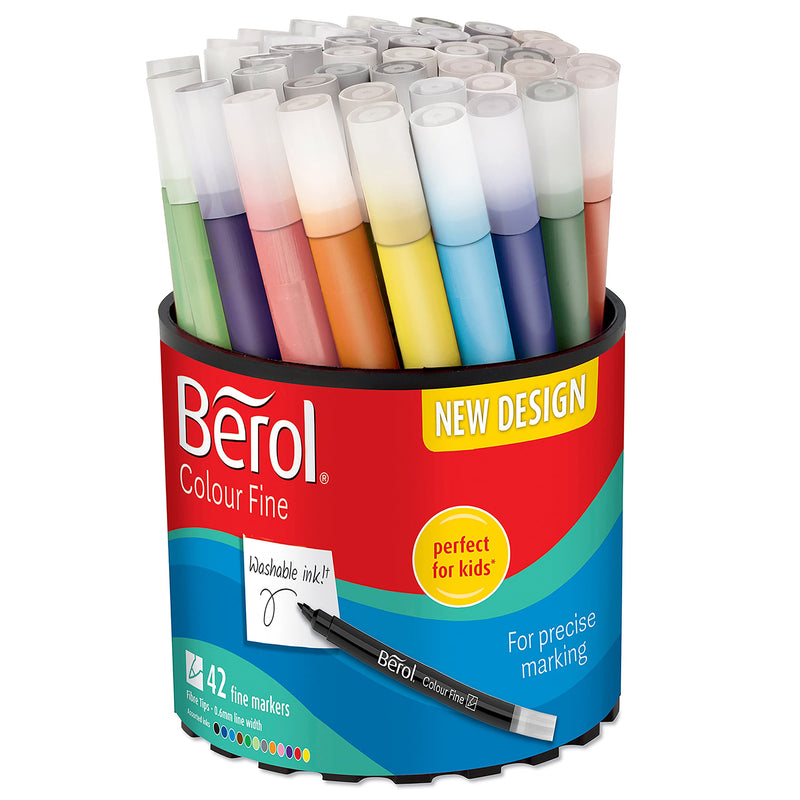 Berol Felt Tip Colouring Pens | Fine Point (0.6mm) | Assorted Colours with Washable Ink | Tub of 42 Markers
