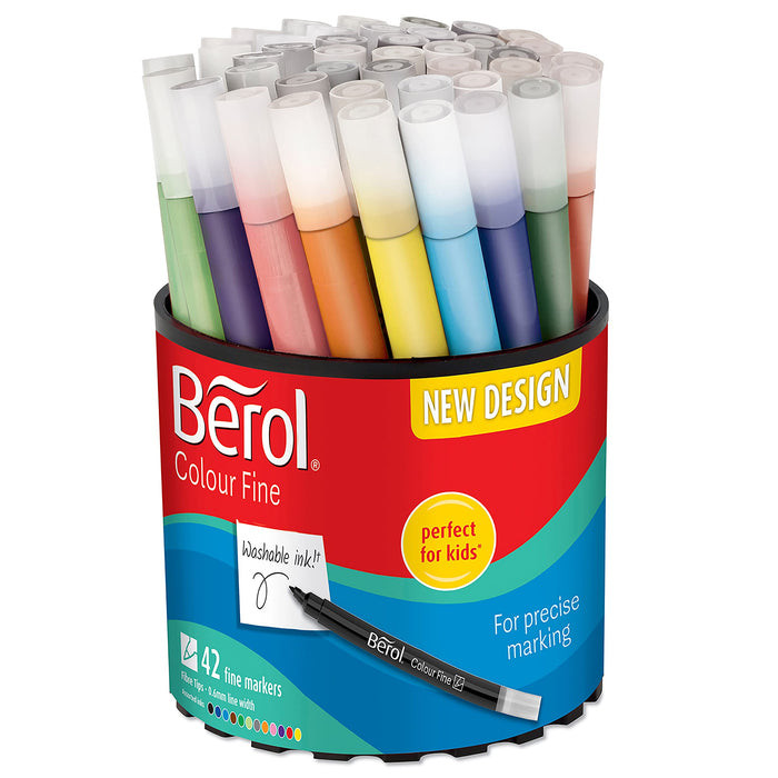 Berol Felt Tip Colouring Pens | Fine Point (0.6mm) | Assorted Colours with Washable Ink | Tub of 42 Markers