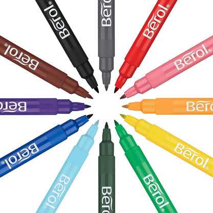 Berol Felt Tip Colouring Pens | Fine Point (0.6mm) | Assorted Colours with Washable Ink | Tub of 42 Markers