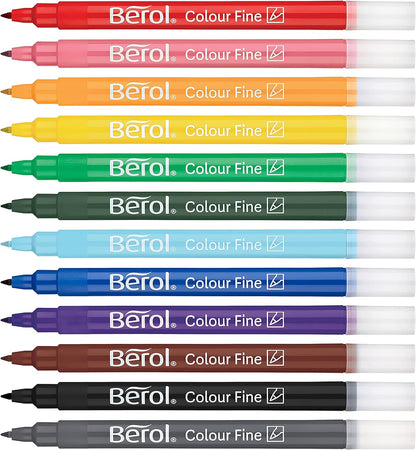 Berol Felt Tip Colouring Pens | Fine Point (0.6mm) | Assorted Colours with Washable Ink | Tub of 42 Markers