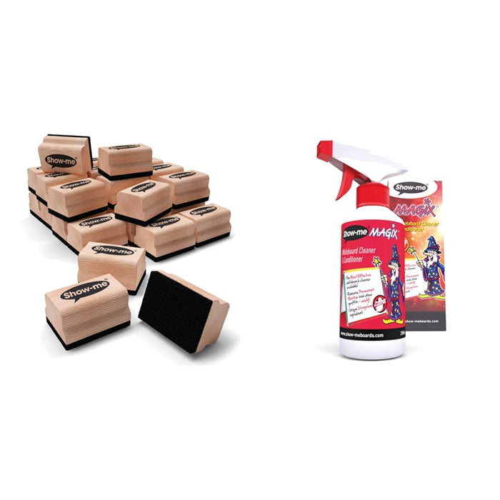 Show-Me Whiteboard Eraser Pack, Mini Erasers for Drywipe Boards & Chalkboards in Schools & Show-Me MAGIX Whiteboard Cleaner, Versatile & Easy-to-Use Whiteboard Cleaner