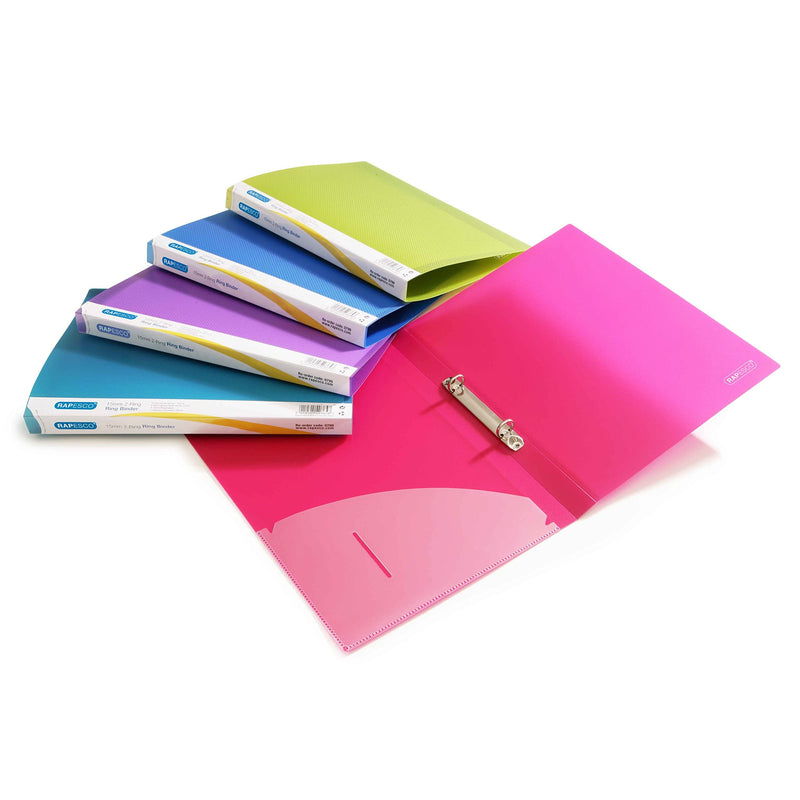 Rapesco 0799 15 mm 2-Ring Binder, 25 mm Spine, A4, Bright Transparent, Assorted Colours, Pack of 10