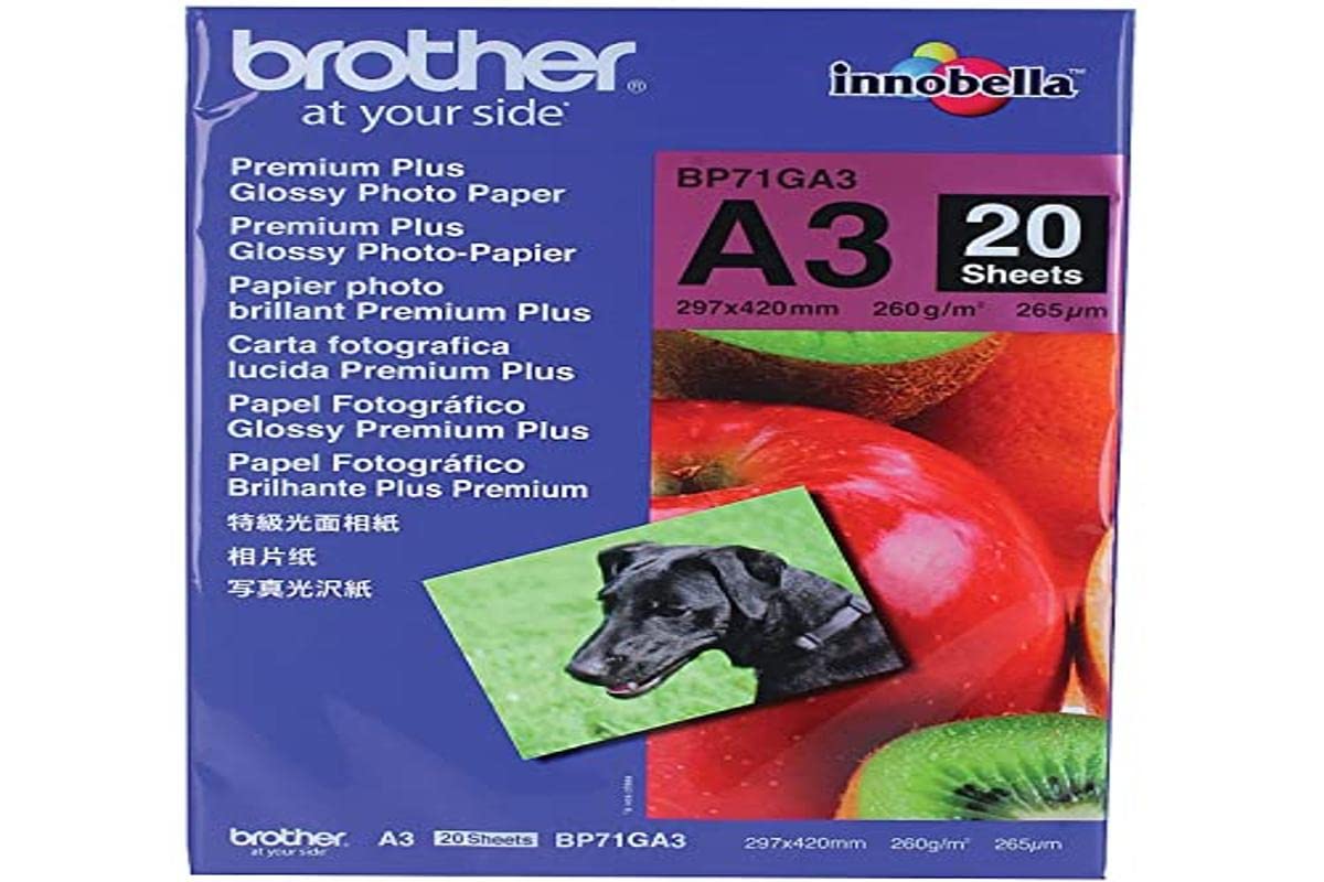 Brother BP71GA3 Photo Paper, A3, Premium Plus Glossy, 297mm (W) x 420mm (L), 20 Sheets, Brother Genuine Supplies