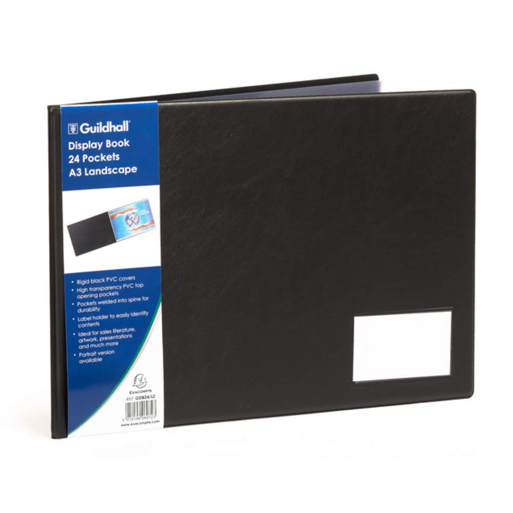 Exacompta - Ref GDB24/LZ - Guildhall Collection - Premium Display Book - Suitablde for A3 Landscape Documents, 24 Pockets, 48 Viewing Pages - Rigid Black PVC Cover