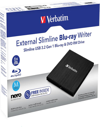 Verbatim 43890 External Slimline Mobile USB 3.2 Blu-ray Writer