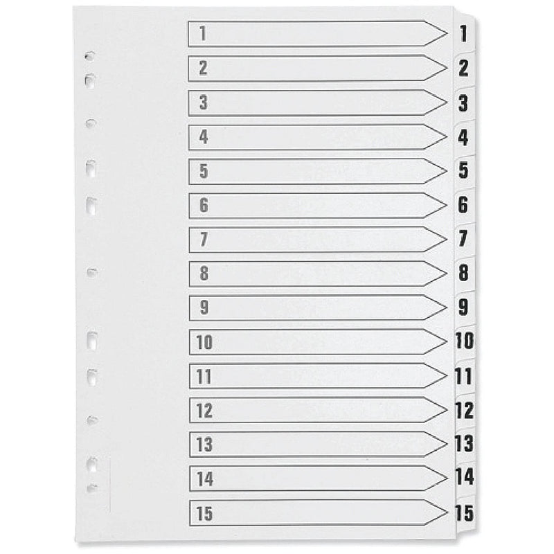 Q-Connect - Hoja de índice con pestañas (polipropileno, multiperforada, tamaño A4, numerada del 1 al 15), color blanco
