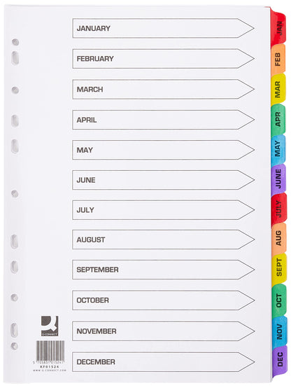 Q-Connect Multi-Punched January-December Reinforced Multi-Colour A4 Index Pre-Printed Tabs KF01524
