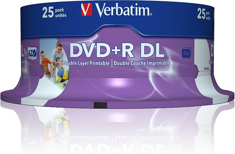 Verbatim 43667 8.5GB 8x Double Layer DVD+R Inkjet Printable - 25 Pack Spindle